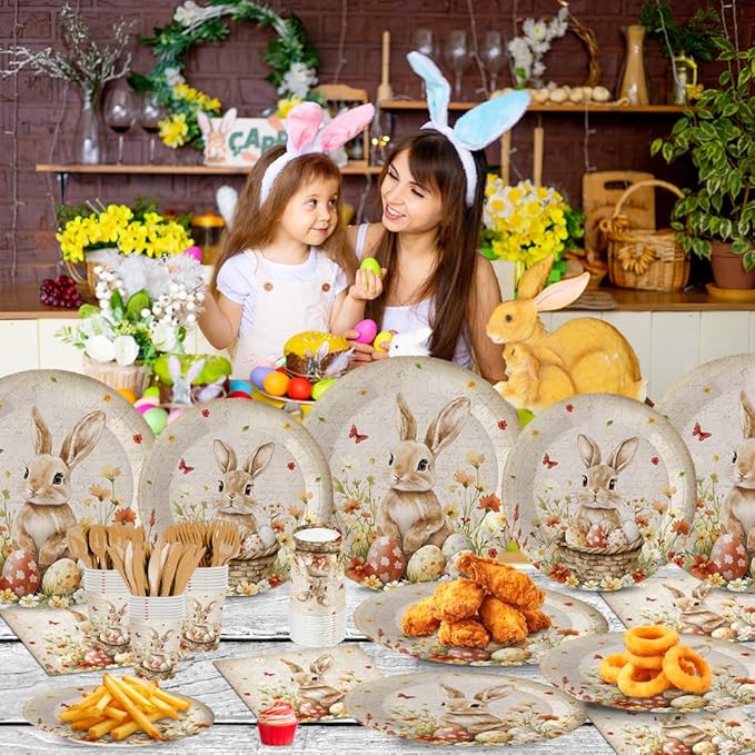 140Pcs Easter Day Party Supplies Vintage Rabbit Plates and Napkins Easter Party Decorations Tableware Set Bunny Easter Egg Paper Plates Birthday Tea Party Bunny Plates, Serves 20 Guests