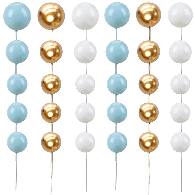 Gyufise 30Pcs Ball Cake Topper Ball Cake Picks Colorful Pearl Ball Shaped Cupcake Insert Cake Topper for Bear Theme Birthday Party Favors Wedding Decoration Supplies Blue White Gold