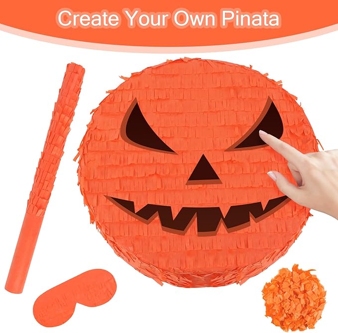 Orange Round Pinata with Stick Blindfold and Confetti DIY Blank Pinata for Adults Kids Birthday Party Supplies Carnivals Thanksgiving Decorations