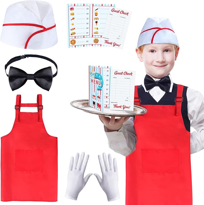 Kids Waiter Costume Set Vendor Costume Kit 6 Pcs Hat Apron Bow Tie Gloves Cards For Halloween Pretend Play Dress Up