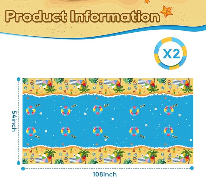 2Pack Beach Theme Tablecloth 54" x108", Summer Disposable Table Cover for Tropical Pool Party Decorations, Ocean Sand Seaside Picnic Plastic Table Cloth for Kids