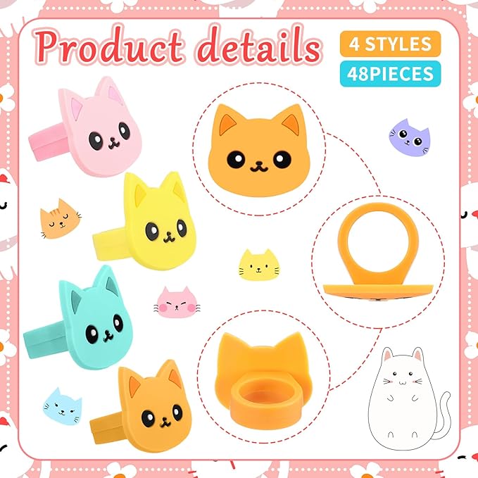 Chuangdi 48 Pieces Cat Cupcake Rings Cute cake Toppers Rings Colorful Cat Birthday Cupcake Decorations for Pet Themed Party Supplies, 4 Styles
