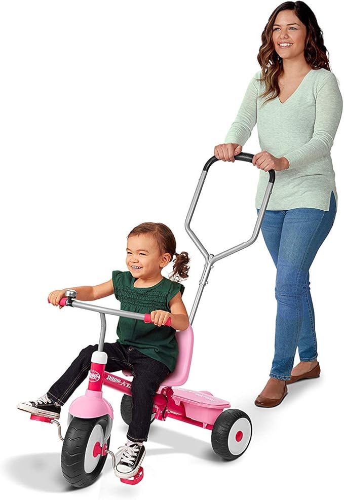 Radio Flyer Deluxe Steer & Stroll Trike, Pink, for Kids 2-5, 2-in-1 Parent Steer Tricycle Removable Push Handle Adjustable Seat Steel Frame Covered Storage Bin Tricycle for Toddlers and Kids.