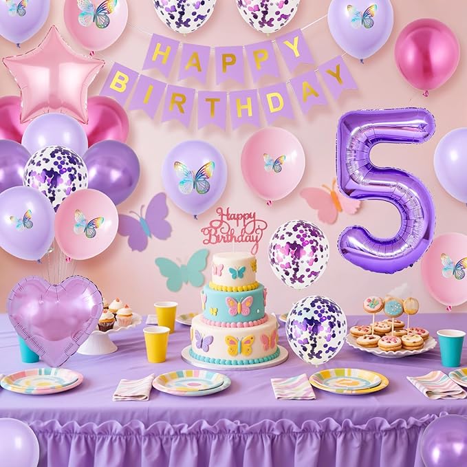 5th Pink Purple Birthday Decorations,Pink Purple 5th Birthday Balloons for Girls Lavender Party Decor Banner Number 5 Balloons Cake Topper Butterfly Party Decorations for 5 Year Old Girls