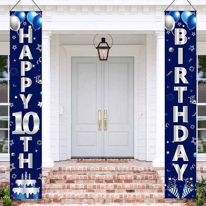 Blue Silver 10th Birthday Door Banner Decorations, Happy 10 Birthday Party Porch Banner Supplies for Boys, Sweet 10 Year Old Birthday Party Supplies