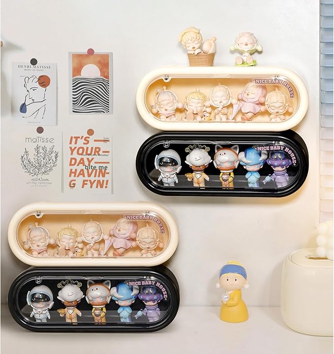 2 Pack Clear Display Case for Figures, Wall Mounted or Desktop Display Box Stand with Magnetic Door, Dustproof Storage Box Organizer for Action Figures Pop Mart