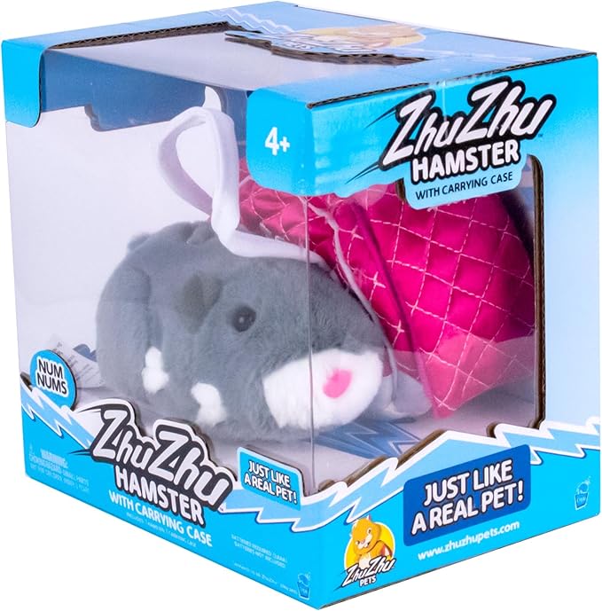 ZhuZhu City Hamster & Quilted Carrying Case – NumNums The Grey & White Interactive Hamster with 40+ Sounds & Endless Behaviors – Take Your ZhuZhu Adventures Anywhere!
