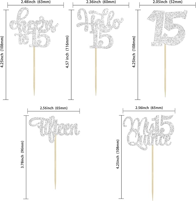 30Pcs 15th Birthday Cupcake Toppers Fifteen Cupcake Picks Cheers to 15 Years Old Mis Quince 15 Cake Decorations for 15th Birthday Anniversary Party Silver Glitter
