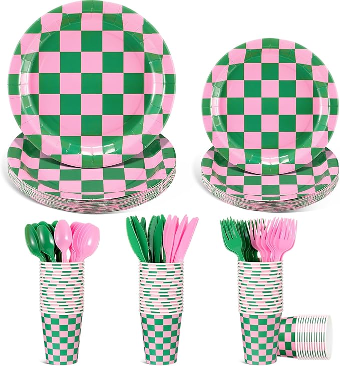 Zhehao 144 Pcs Pink and Green Checkered Party Decor Tableware Pink and Green Gingham Plaid Paper Plates Cup Napkin Knives Fork Spoon for Witch Princess Themed Party Disposable Supplies Serve 24 Guest