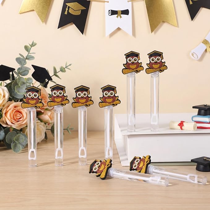48 Pcs 4.2'' Mini Bubble Wands Bubbles Party Favors Birthday Party Supplies Favor Decorations for Gift Back to School Goodie Bag, Contains Liquid (Owl Bachelors Cap)