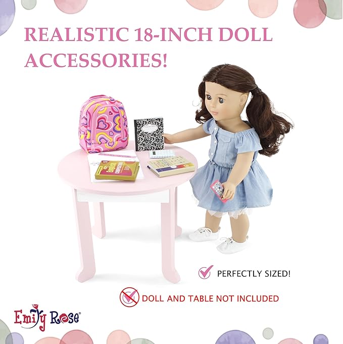 Emily Rose 18-Inch Doll School Essentials 18-PC Set - Backpack, Lunch Box & Working Calculator with Pretend Food - Premium USA Brand - Compatible with American Girl Dolls