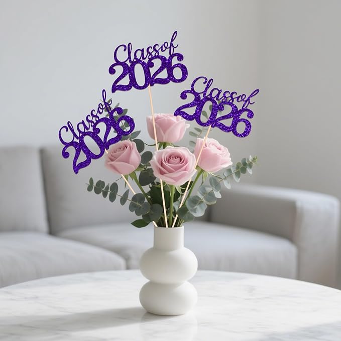 Purple Class of 2026 Double-sided Graduation Table Centerpieces, 12 Pcs Grad Party Decorations with Sticks, Graduation 2026 Party Supplies for Table Decor