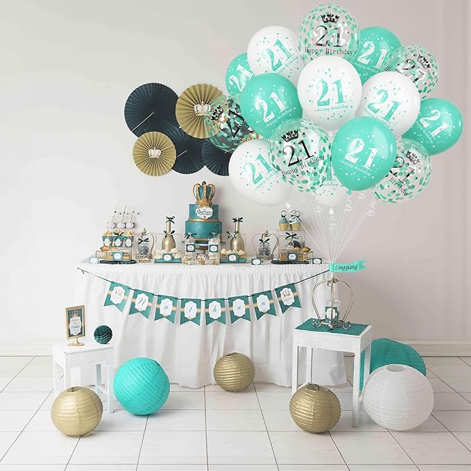 21st Birthday Balloons & Decorations - Teal, White & Turquoise Latex Balloons for Boys & Girls, Confetti, Party Supplies