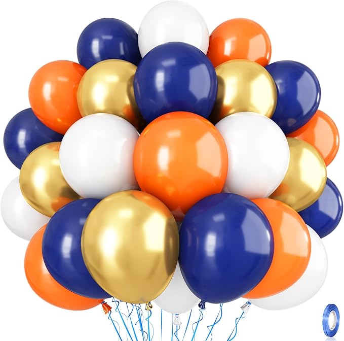 35pc Navy Blue & Orange Balloons Set, Navy, Orange, White, Metallic Gold, Boys, Men, Space, Birthday, Wedding, Party Decorations