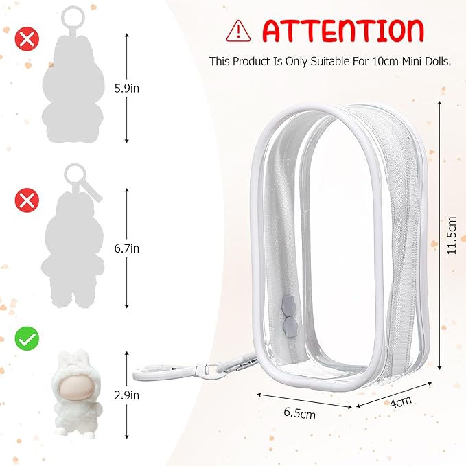 Clear Protective Case Display Accessories for 10cm Plush Doll with Keychain, PVC Hanging Storage Case Cover, Doll Storage Bag, for Figures, Dolls, Collectible Toys(White)