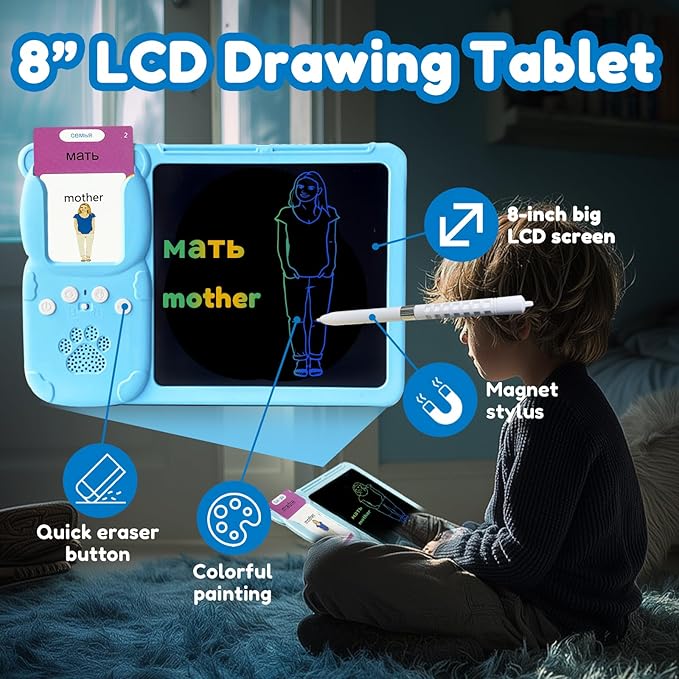 Writing Tablet with Bilingual Flashcards for Kids - Russian English Talking Flash Cards, LCD Writing Pad Board, Pocket Speech for Toddlers, Learning Toy Gift for Boys Girls (Russian, Blue)
