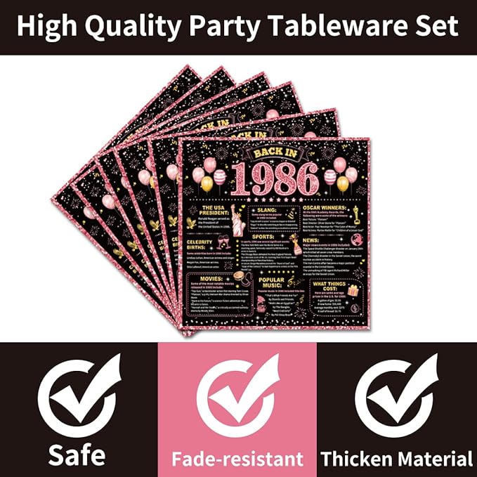 96Pcs 40th Birthday Decorations Women Tableware Set Rose Gold Back in 1986 Paper Plates Napkins Forks Cheers to 40 Years Disposable Tableware Decor for 40th Bday Theme Party Favor Serve 24 Guests