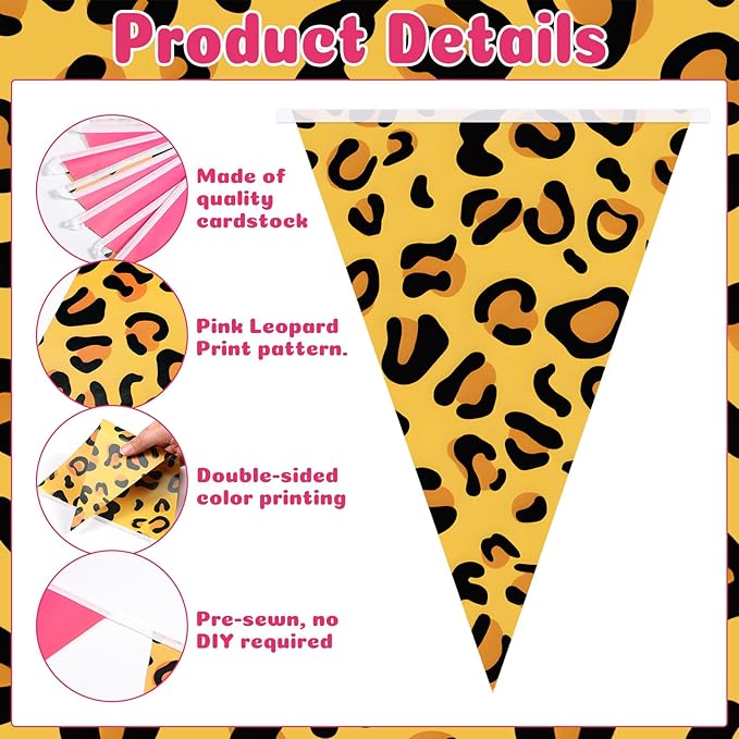 Tiamon 5 Pcs Leopard Cheetah Print Birthday Banner Decoration Hot Pink Cheetah Zoo Pennant Bunting 49.2 Ft Wild Animal Print Triangle Flag for Baby Shower Safari Leopard Party Supply Zoo Decor