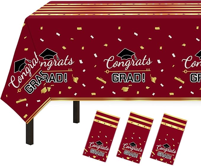 Childom 3 Pack Graduation Tablecloth,Graduation Decorations Class of 2026 Graduation Party Decorations,54"x108"Wine Red and Gold Plastic Table Cloth Disposable Rectangle for Home,School Party Supplies