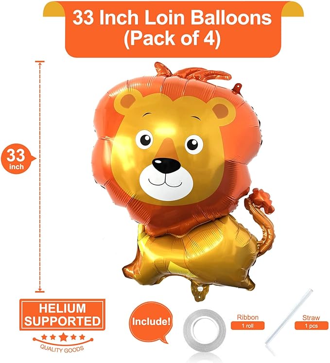 Giant Woodland Lion Balloons - 33 Inch Lion Shaped, Pack of 4 for Jungle Safari Themed Kids Birthday Party Decorations