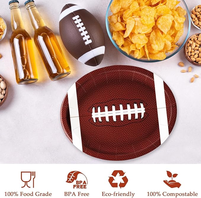 50PCS Football Plates, Large 9 x 11 inch Football Shaped Disposable Paper Plates for Football Birthday & Tailgate Party Decorations