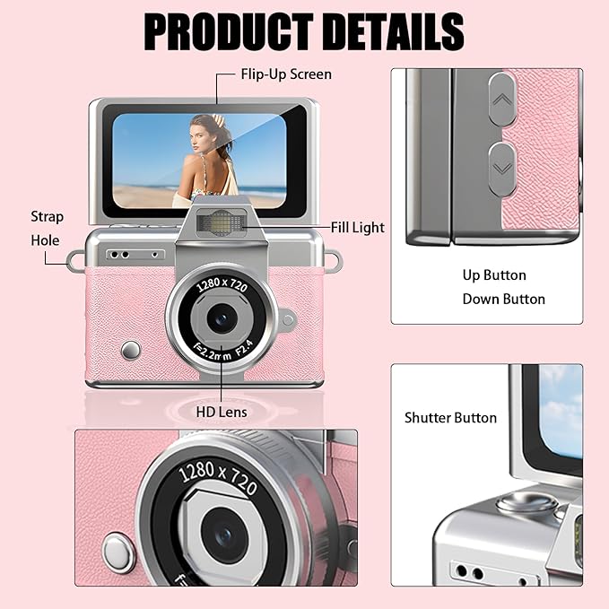 32GB Keychain Camera, Ultra-Light 25g Compact 1080P HD Video Recorder, Portable Toy Camera, Travel Party Accessory, Mini Entertainment Clip-on Camcorder for Daily Fun（Pink