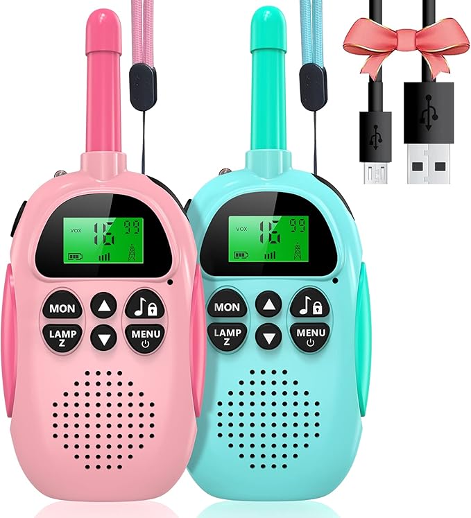 Walkie Talkies for Kids, 2 Pack Rechargeable Kids Walkies Talkies, 3km Long Range, Indoor Outdoor Toys for Outside, Camping, Hiking Family Games, Toys for Boys Girls Ages 3-12 (Blue + Pink)