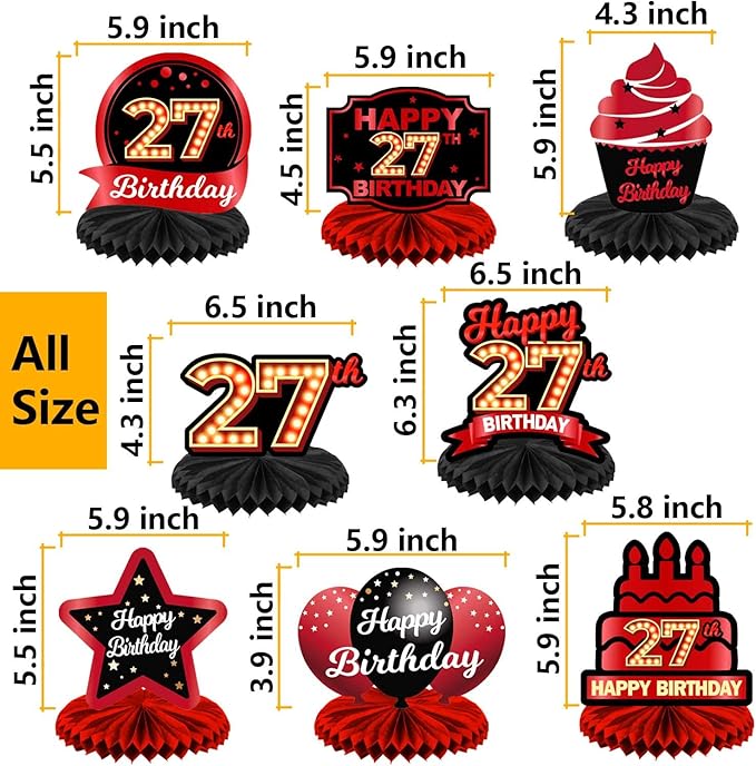 Happy 27th Birthday Red and Black Table Honeycomb Centerpieces Balloons Theme Decor Table Decorations Table Toppers for Girls Women Princess 27 Years Old Birthday Party Bday Supplies Background Gold