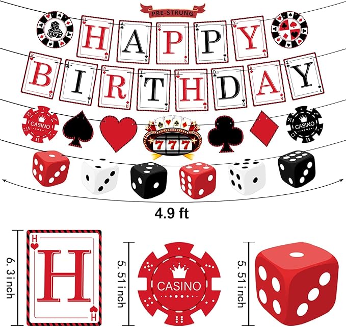 Pre-Strung Casino Party Decorations NO DIY Poker Happy Birthday Banner Casino Theme Banners Las Vegas Poker Night Party Supplies