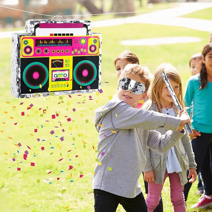 Boombox Pinata with Stick & Hanging Loop Retro 90s Theme Radio Music Mexican Pinata for Birthday Party Games Back to the 80s Party Supplies for Kids & Adults