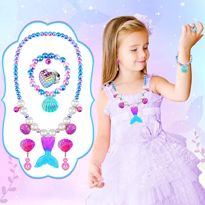 Jewelry Toys for Girls, Classic Unicorn Mermaid Frozen Themed Necklaces Bracelets Rings Earrings Set for Princess Dress Up Pretend Play, Toddler Costume Jewelry, Little Girls Christmas Birthday Gifts