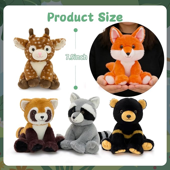 MaoGoLan 5 Pcs Woodland Animals Plushies Bulk Stuffed Woodland Toys Baby Shower Decorations, 8'' Grizzly Bear Deer Fox Raccoon Red Panda Forest Party Favors Easter Valentines Gifts for Girls