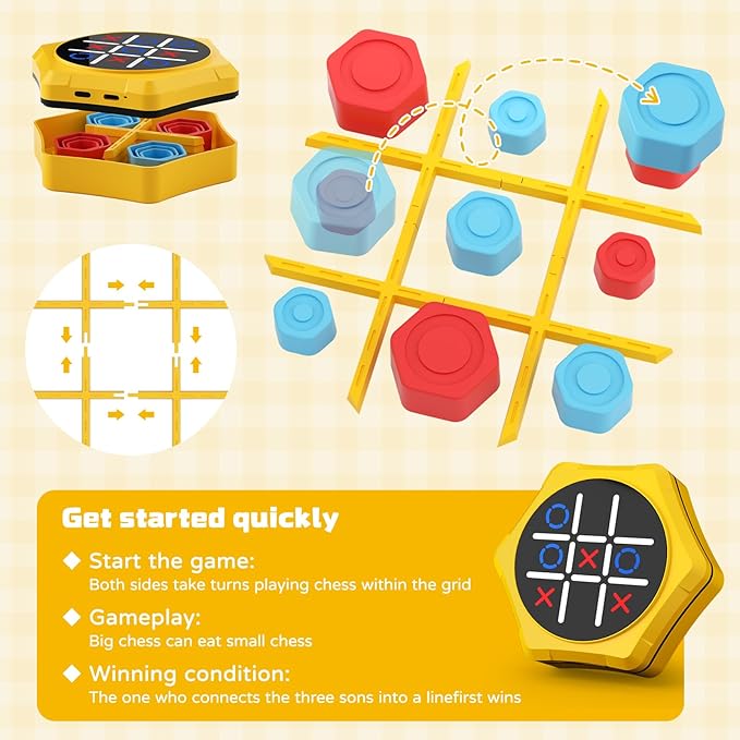 Tic Tac Toe Bolt Game,5 in 1 Handheld Puzzle Games Console,Electronic Tic Tac Toe Game for Educational&Memory,Portable Travel Games for Car Ride with Silent Mode,Toys Gift Idea for Kids&Family-Yellow