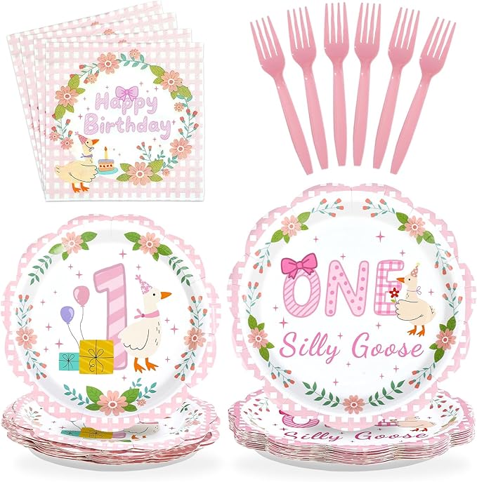96Pcs One Silly Goose Birthday Party Decorations Goose 1st Birthday Paper Plates and Napkins Sets Pink Bow Cute Wreath Geese Decorations for Baby Girls One Year Old Bday Party Supplies Serves 24