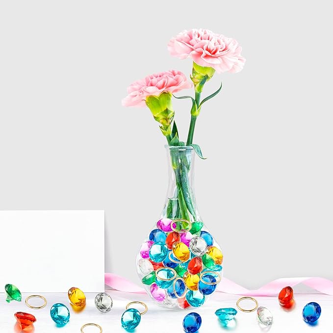 PANTIDE 78Pcs Acrylic Diamond Gems Jewels Alloy Gold Round Ring Set the Blue Hedgehog Chaos Emeralds Power Rings Party Favor Supplies Cake Decoration Pirate Treasure Chest Hunt with Bag