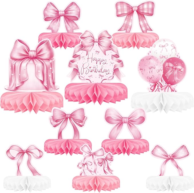 Pink Bow Birthday Decorations Set - Bow Party Decorations with Honeycomb Centerpieces & Table Centerpieces for Splendid Pink Bow Themed Party Supplies