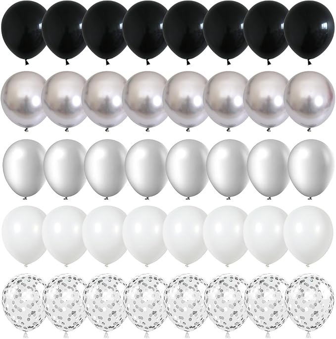 Black and Silver Balloons, 60 Packs 12 Inch Chrome Metallic Silver Balloons and Confetti Balloons, Black White Silver Balloon for Wedding Engagement Birthday Halloween Decorations
