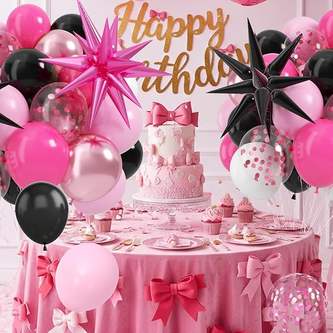 Pink and Black Balloons, 12 Inch Hot Pink and Black Party Decorations with Confetti Metalic Balloon Star Foil Balloons for Mouse Theme Birthday Wedding Bridal Shower Party Decoration