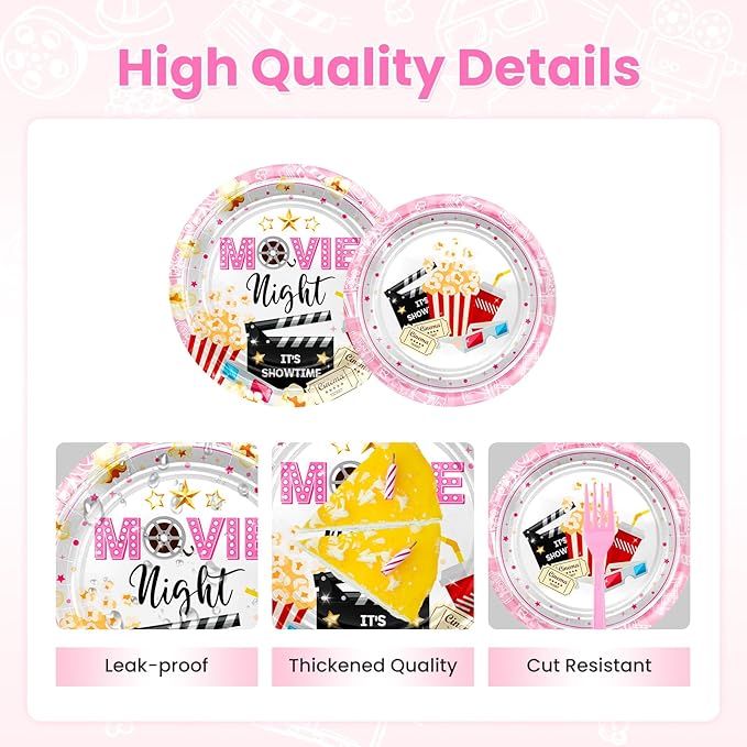 Avezano 96 pcs Movie Night Party Decorations Pink Movie Night Plates and Napkins Disposable Popcorn Theater Birthday Party Supplies Serve 24 Guests