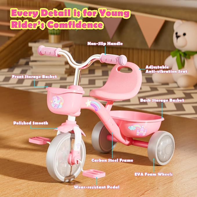 Tricycle for Toddlers 1-3 3-5 Year Olds, Unicorn Toddler Bike Baby Balance Bike with Colorful Lighting Wheels & Large Basket, Birthday Gift and Toy for 1 2 3 4 5 Year Olds Girls