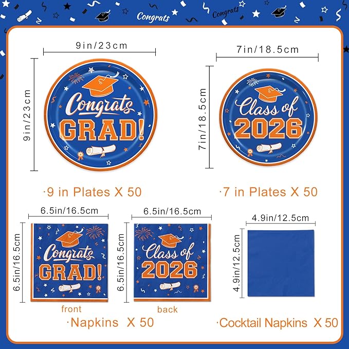 Graduation Blue Orange Party Supplies Kit Dinner Plates Dessert Plates and Napkins for Congrats Grad Party Decorations, Serves 50