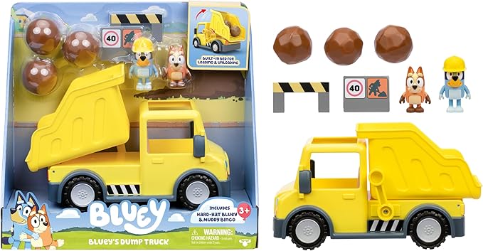 Bluey Dump Truck Toy Playset, Sturdy Working Toy Dump Truck with 2 Articulated Figures and 3 Huge Boulders, Construction Toys for Kids of Ages 3+