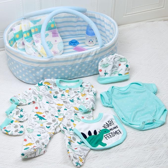 Reborn Baby Dolls Clothes Boy Blue Dinosaur Theme Accessories 13 Pcs Outfit Set for 17-22 Inch Newborn Baby Doll Boy with Blue Dot Bassinet