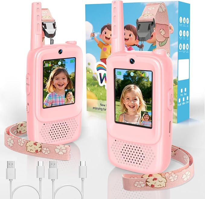 ZealSound Video Walkie Talkies for Age 3-12 Boys Girls, 2 Pack Walkie Talkies with Screen, Voice Effects, Indoor Outdoor Toys for Family Games, Camping, Hiking, Christmas Birthday Gifts (Pink)
