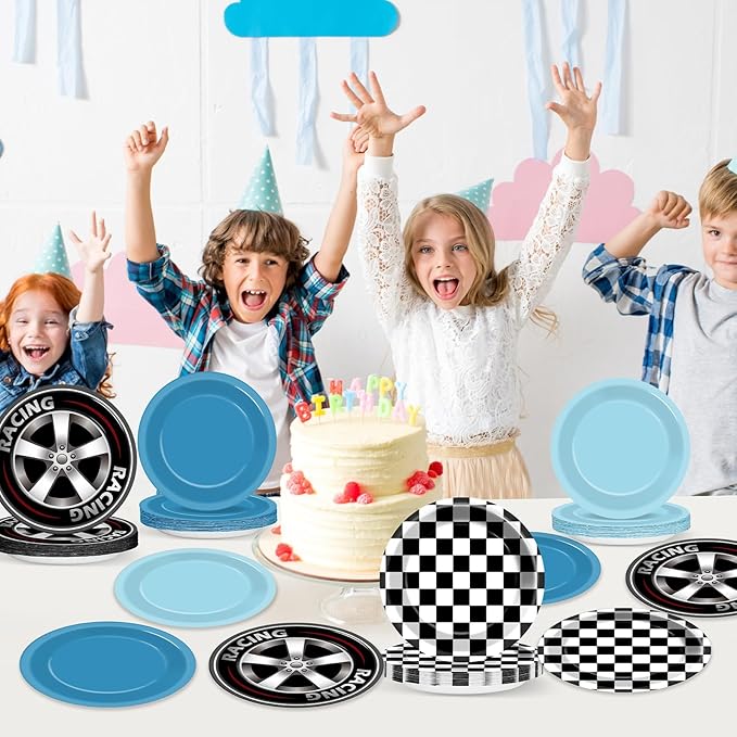 CHUNNIN 48Pcs Race Car Birthday Party Paper Plates for Theme Party Supplies 7" Black White Fast Paper Plates Blue Racing Car Disposable Tableware for Kids Boys Birthday Baby Shower Decorations