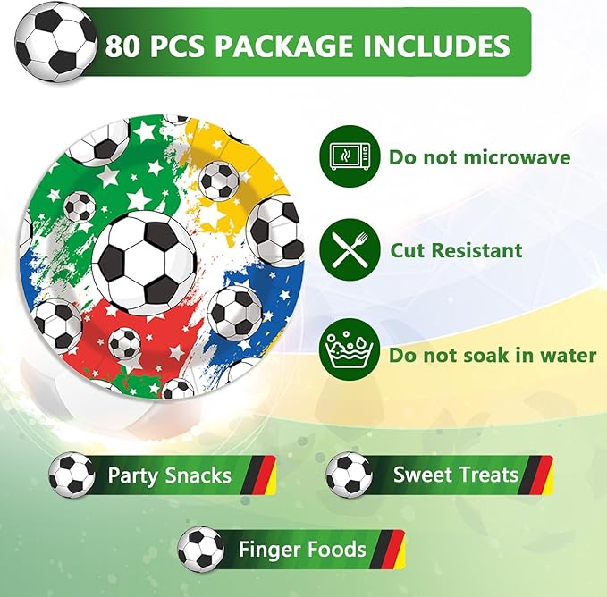 20-Guest Soccer Party Supplies Set - 80 Pcs Soccer Theme Disposable Tableware: 20 Dessert Plates, 40 Napkins (2-ply), 20 Forks - Ideal for Birthday, Match Day, Sports Celebrations