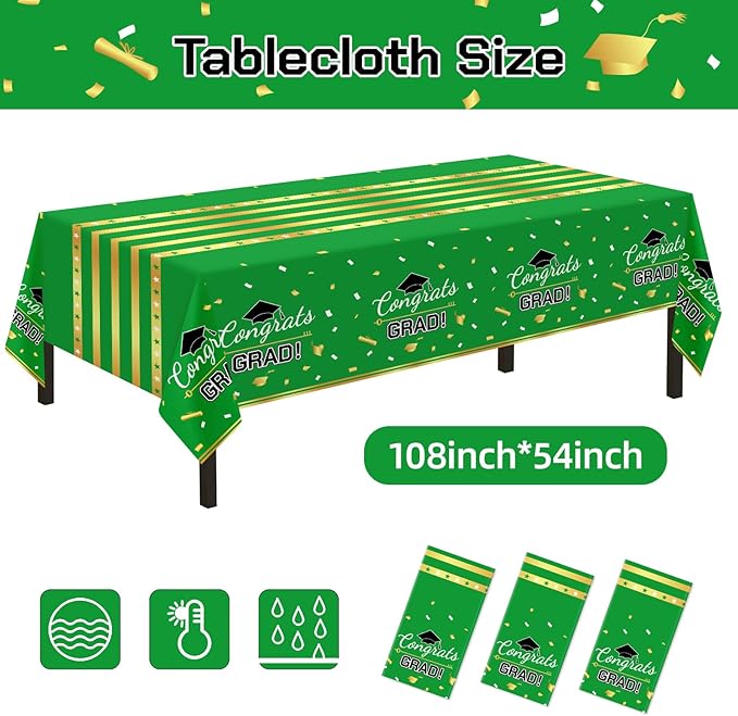 Childom 3 Pack Graduation Tablecloth,Graduation Decorations Class of 2026 Graduation Party Decorations,54"x108" Green and Gold Plastic Table Cloth Disposable Rectangle for Home,School,Party Supplies