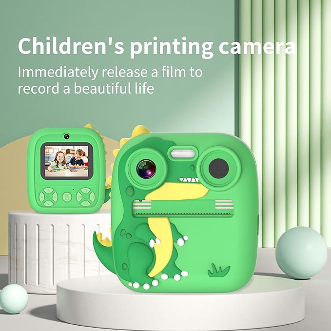 Kids Camera Instant Print,Boy Girls Toys Digital Camera with Print Paper&32G TF Card,Dinosaur Selfie Camera with Color Pens & Stickers,Kids Video Camcorder Learning Camera w Lanyard,Birthday Gift
