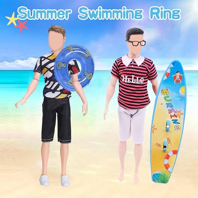 33 PCS Doll Clothes and Accessories Doll Including 5 Tops 5 Pants Casual Wear in Random 4 Pair of Shoes Hangers Glasses Earphone Guitar Surfboard Swimming Ring for 12 Inch Boy Doll