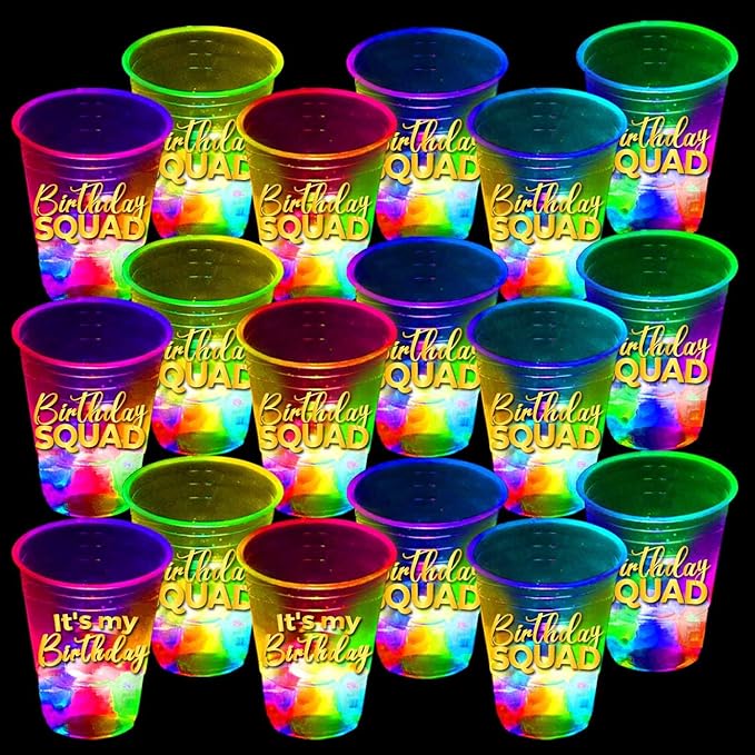 mishunyus 24 Pack Glow Birthday Squad Cups 16oz - Reusable Light Up Party Cups for Adult Birthdays 21st, 30th, 40th, 50th, 60th Theme Decorations Supplies, Night Club Party Favors